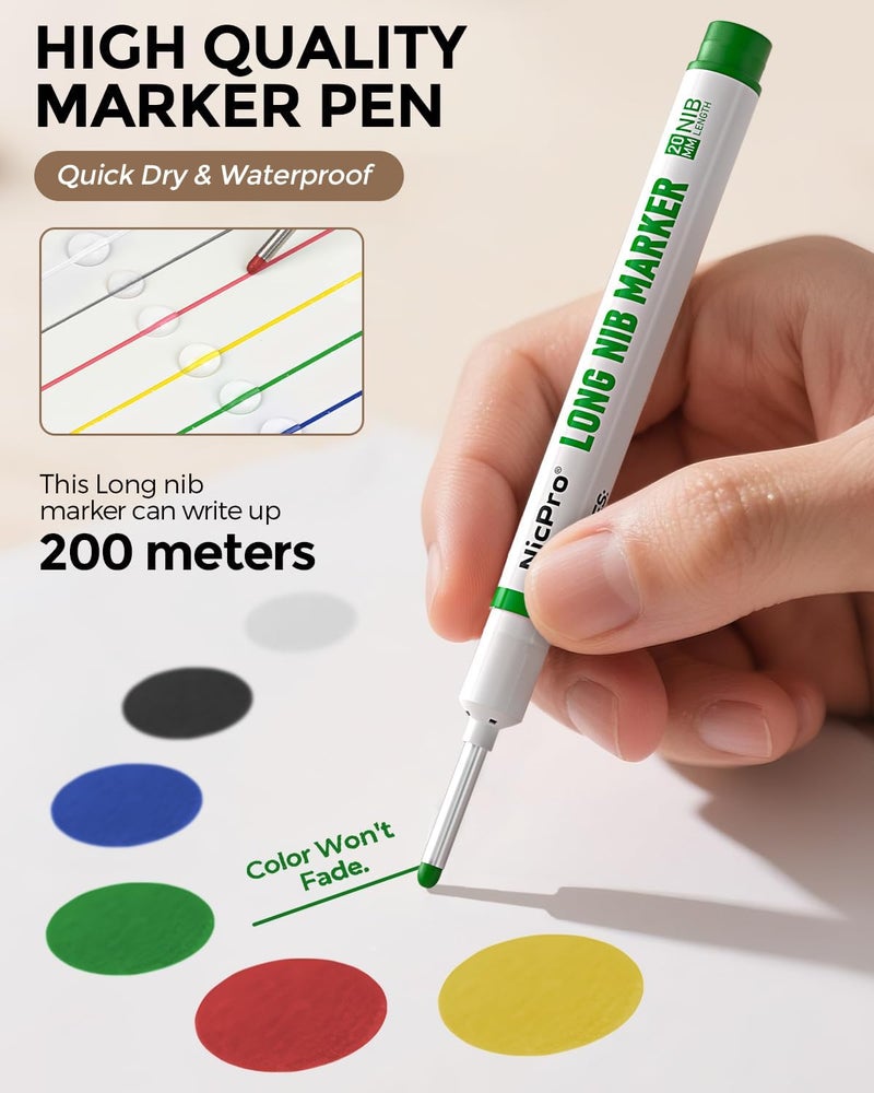 Nicpro 12 PCS Long Nib Marker Pens, 20mm Deep Hole Markers, Quick Dry & Waterproof Construction Marker, Long Head Mark Pens for Metal, Steel, Tile, Glass, Carpenter Marking Tool for Woodworking - Image 3